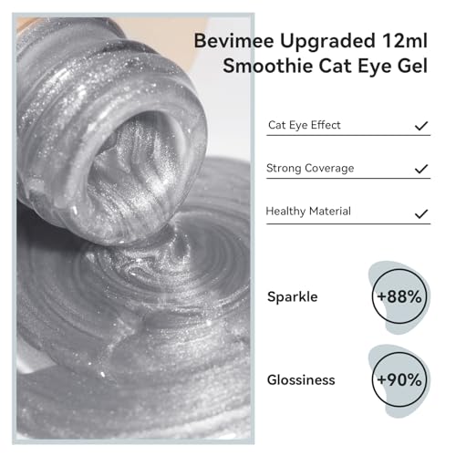 Bevimee Cat Eye Gel Nail Polish Moonlight Magnetic Nail Polish Silver Glitter Mirror Glass Smoothie Cateye UV Gel Polish Holographic for Nail Art Manicure DIY at Home 1PC 12ML — view 2