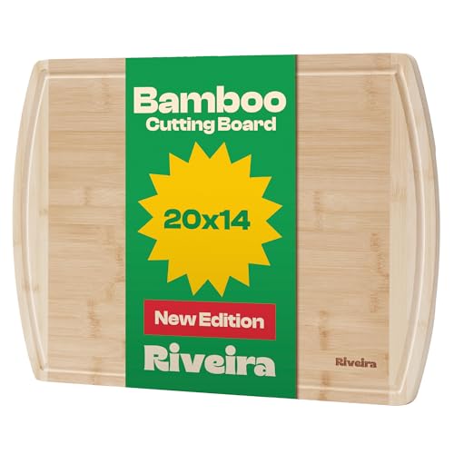 Riveira Two Tone Bamboo Wood Cutting Board  Gourmet Bamboo Grandeur: 20 x 14 Wooden Cutting Board  Wooden Cutting Boards For Kitchen Decorative  Innovative Juice Grooves Wooden Chopping Board
