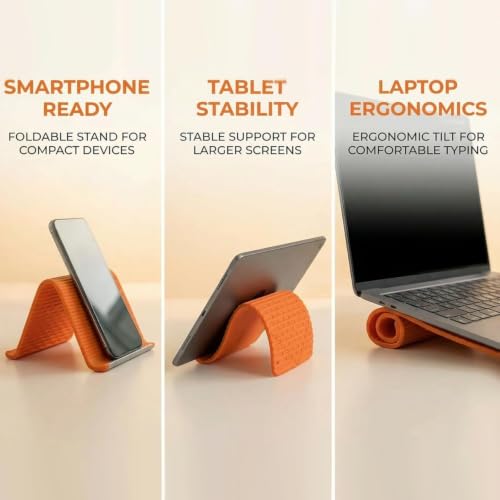 Image of Flexible Silicone Phone Stand, Foldable Bendable Mobile Holder for Desk, Adjustable Anti-Slip Stand for Smartphones, Tablets and Lightweight Laptops, Portable Orange Device Support