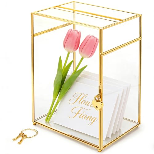 Youeon Glass Card Box with Slot & Lock, Gold Clear Wedding Card Holder, Decorative Gift Card Box for Reception, Birthday, Graduation, Bridal Shower, Party
