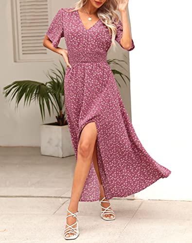 Kranda Women 2025 Summer Spring V Neck High Waist Short Sleeve Casual Long Boho Floral Swing Flowy Slit Beach Maxi Dress2