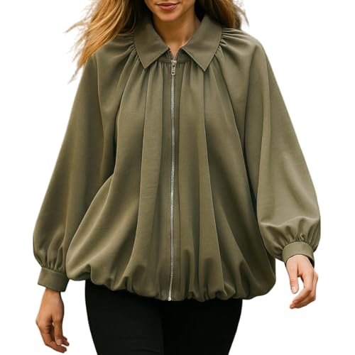 Womens Puffed Bomber Oversized Jacket Batwing Sleeve Streetwear Lapel Collar Zip Front Pleated Blouse Shirts3