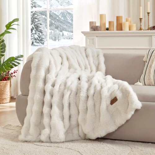 COZY KISS Faux Fur Throw Blanket, Dog Blanket for Couch, 50"x60", Cream