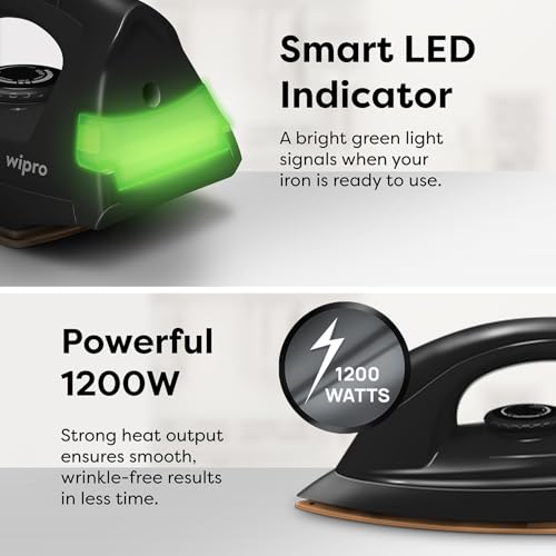 Image of Wipro GD208 Automatic Electric Dry Iron 1200 Watt With Large LED Indicator | Large Soleplate|Anti Bacterial German Weilburger Double Coated Soleplate | Quick Heat Up - 1200 Watts, Black