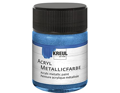 Kreul 77575 - Peinture acrylique métallisée, 50 ml verre en bleu métallique, peinture acrylique glamour à effet métallique à base d'eau, couvrante et crémeuse, séchage rapide et résistante à l'eau