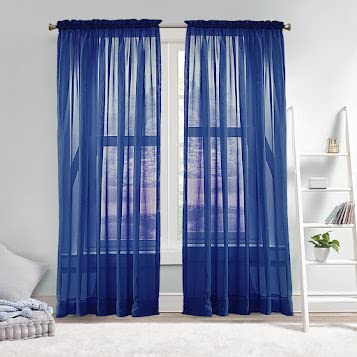 Megachest a pair of sheer Iris stripe pattern voile curtain with tie backs (Navy,W 56" x L 90" (2 Panels))