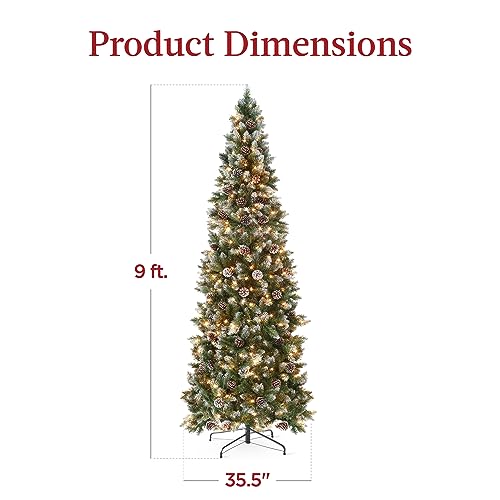 Best Choice Products 9ft Pre-lit Pencil Christmas Tree, Partially Flocked & Frosted Slim Holiday Tree Decoration, Skinny Xmas Tree, 450 Lights, 1,298 Frosted Tips, 82 Pine Cones, Foldable Stand