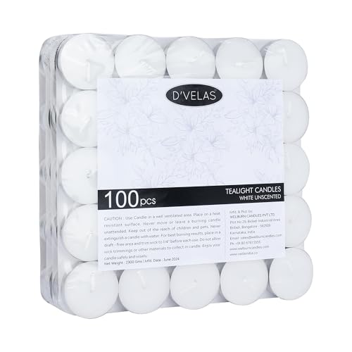 Image of D'Velas White Unscented Wax Tealight Candles - Pack of 100 | 2 Hours Burning Time, Paraffin Wax, Unscented, Smokeless, Dripless, for Home Decor, Offices & Other Occasions (White, Pack of 100)
