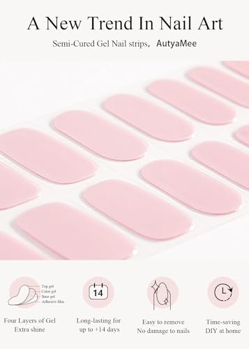 AutyaMee Semi Cured Gel Nail Strips (Jelly Pink), Clear, Sheer, 20 Pcs Gel Nail Wraps, Stickers, UV Light Required, Salon Quality, Long Lasting