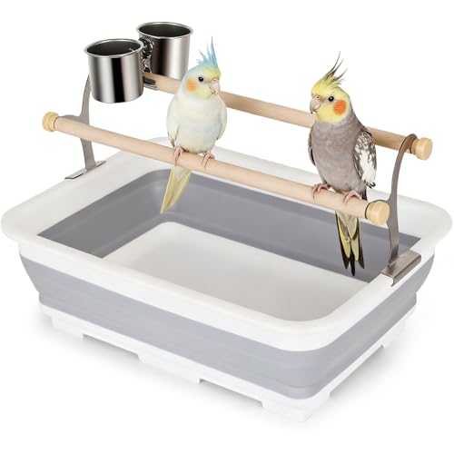 Image of Bird Desktop Shower Perch with Bucket, Training Stand with Collapsible Plastic Tray Two Perches Double Feeder Cups, Table Bath Perches for Small to Medium Sized Parakeet Cockatiel Conure Budgies