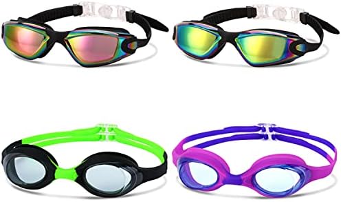 Romoc 4 Pack Kids Swim Goggles Ages 6-14 UV Protection Anti Fog No Leaking Pool Swimming Goggles for Boys Girls Youth Christmas Gift (black+purple)