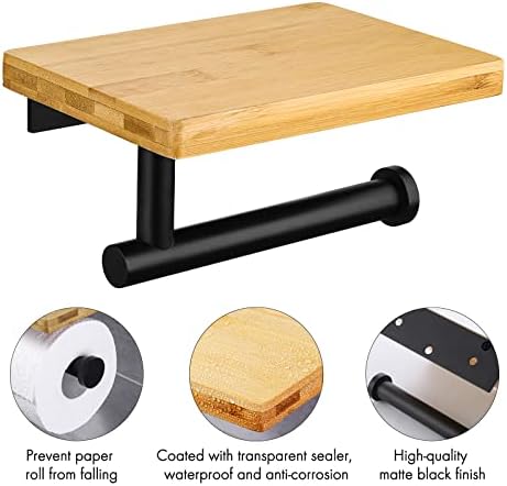 KES Black Toilet Roll Holder with Shelf for Bathroom, Stainless Steel Toilet Paper Holder with Natural Bamboo Shelf Wall Mounted, BPH220BA-BK