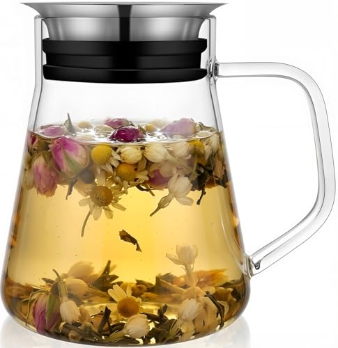 Aquach 27oz Glass Teapot with Smart Filter Lid, Stovetop Safe Borosilicate Glass Tea Kettle with Built-in Stainless Steel Infuser, Dishwasher Safe Hot & Iced Tea Maker, Plastic-Free