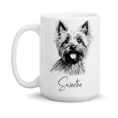Custom Name Cairn Terrier Art Pencil Drawing Ceramic Mug, Cairn Terrier Dog Personalized Mug, Cairn Terrier Coffee Mug For Dog Dad Dog Mom, Pet Memorial Gift For Dog Owner, White Teacup 11oz 15oz