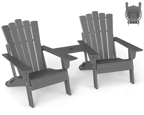 GREENVINES Folding-Adirondack-Chairs-Set-of-2 | HDPE Plastic | Throne Series | Fire Pit Chair | with Connecting Tray | Removable Table | All Weather | for Outdoor Patio Deck Poolside | Grey