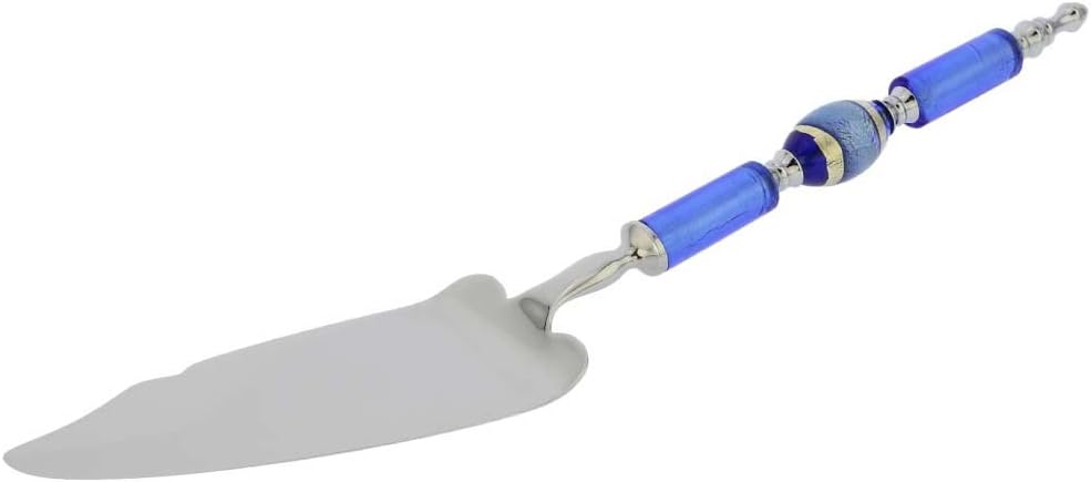 Glass Of Venice Italian Murano Glass Cake Server - Silver Blue Stripes