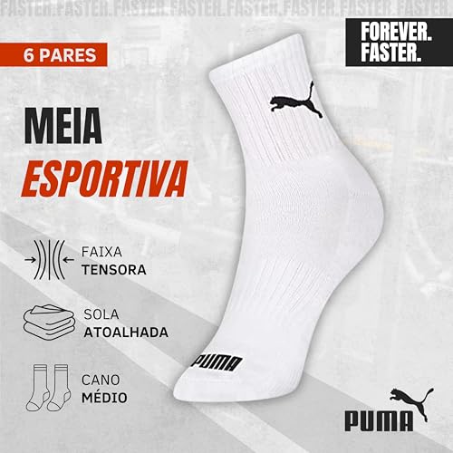 PUMA Kit 6 Pares de Meia Puma Cano Médio Sola Atoalhada com Faixa Tensora Esportiva Unissex Adulto,
