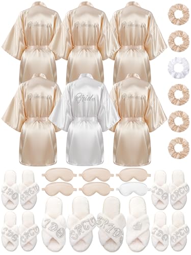 Bonuci 24 Pcs Bride Bridesmaid Robe Slipper Sets for Wedding Bridal Party Women with Robes Slippers Eye Mask Hair Scrunchies