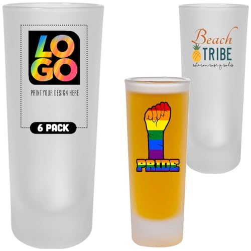 Custom Full Color Imprint Frosted Glass Tall Shooter 2 Oz Shot Glasses for Bars, Weddings, and Retirement Parties! (QTY 6)