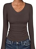 ANRABESS Long Sleeve Shirts for Women V Neck Ribbed Knit Fitted Fall Basic Tshirts Going Out Tops 2025 Casual Trendy Clothes Coffee X-Large