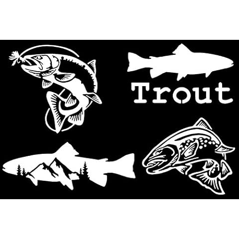 Trout Fishing Decal 4 Pack: Trout Jumping for Fly, Trout, Trout with Mountains, Jumping Trout (White, Large ~5") Cover