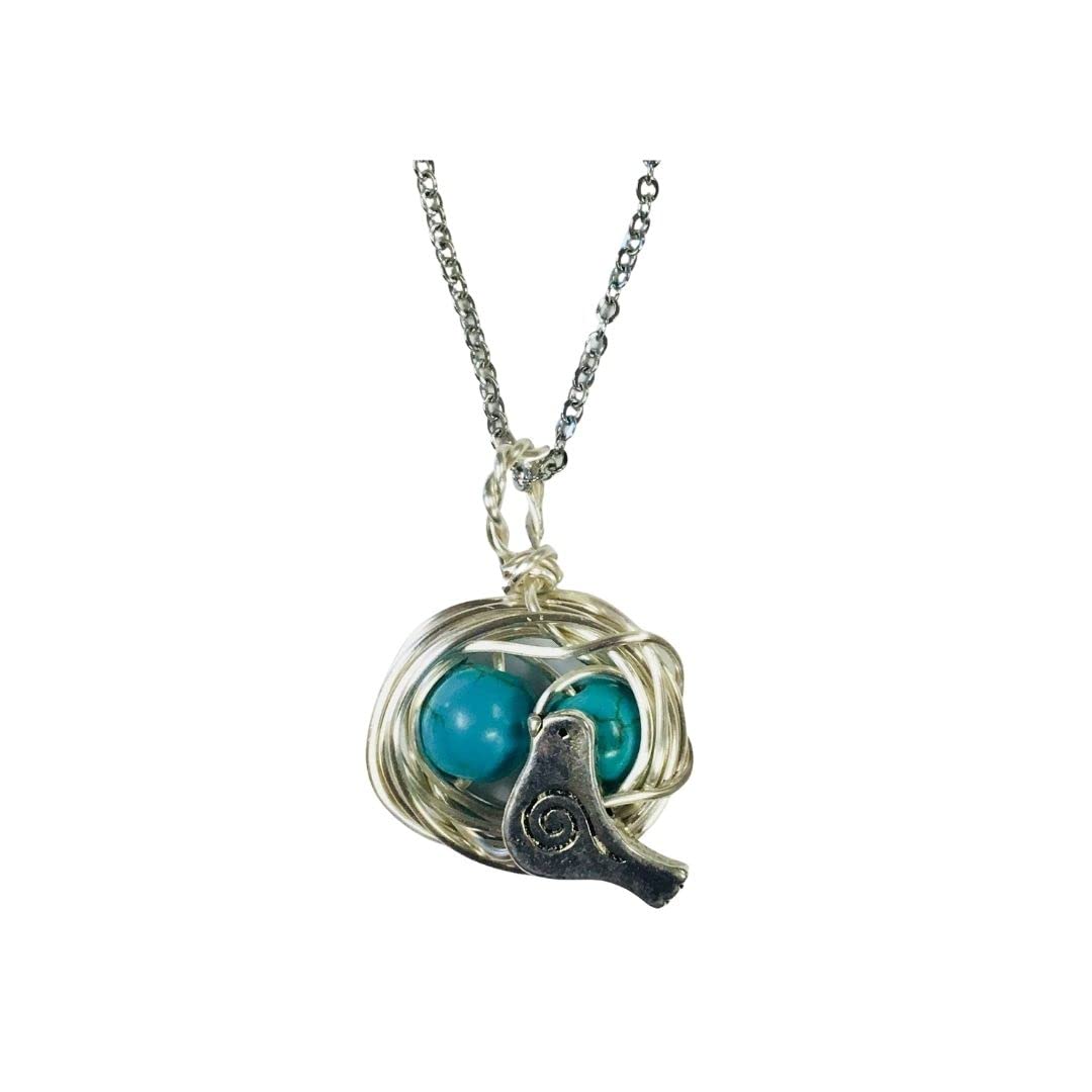 Robins Nest or Bird's Nest Pendant with 2 Turquoise Eggs on a 24 inch stainless steel link chain