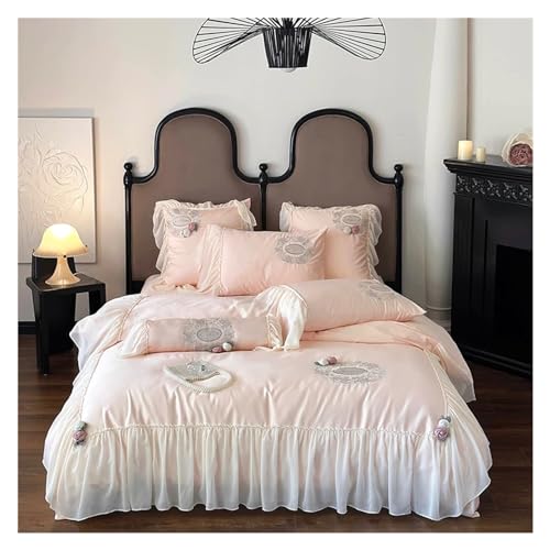 GUHPZA Juego De Sábanas De Princesa para Boda, Juego De Cama De Lujo con Bordado De Encaje Y Flores 3D, Funda Nórdica De Algodón Egipcio Beige Y Fundas De Almohada.,Pink-King Size 4pcs