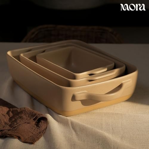 Image of Mora Ceramic Set of 2 Baking Dishes For Casserole, Banana Bread, Brownies, Broiling, Roasting, and Baking. 7x11 in and Loaf Pans - Porcelain Serving Bakeware from Oven to Table. Freezer Safe - Mushroom