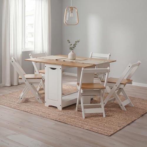 Mercers Furniture Corona Butterfly Dining Set Folding Table And 4 Folding Chairs Solid Wood Pine Wooden Drop Leaf Adjustable Kitchen Chair Storage Mexican 75cm High 42/78/114cm Wide 92cm Deep (White)
