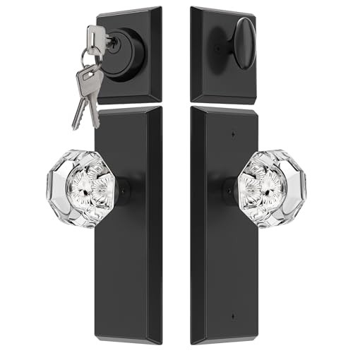 Image of Glass Door Knobs with Single Cylinder Deadbolt Lock Set - Matte Black Crystal Passage Knob for Interior /Exterior Doors - Vintage Diamond Bedroom Bathroom Closet Handles