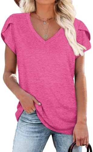 Womens T Shirts Loose Fit Short Sleeve Plain Tops Comfy Pleated Basic Deep Pink L