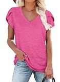 Womens T Shirts Loose Fit Short Sleeve Plain Tops Comfy Pleated Basic Deep Pink L