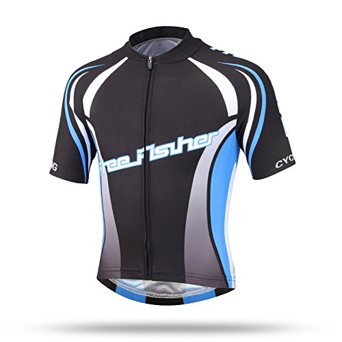 SXSHUN Kinder Radtrikot Set Jungen Mädchen Fahrrad Anzüge Schnelltrocknend Radsport Bekleidung Kurzarm Fahrradtrikot Kurz Radhose mit 3D Sitzpolster, Blau+Schwarz, 152-158
