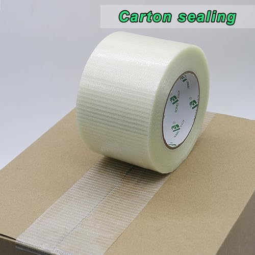 Image of BOMEI PACK Fiber Reinforced Packing Tape 4 inch, Wide Clear Heavy Duty Bi Directional Filament Strapping Tape 4Inch x 55yds 6.7Mil