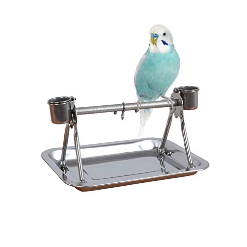 Bird Tabletop Perch Stand Stainless Steel Play Gym Playstand with Cups and Tray