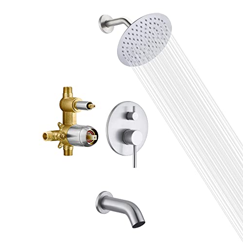 sumerain Tub and Shower Faucet with Rough in Valve, Brushed Nickel Shower Faucet with Tub Spout, 8 Inch Rain Shower Head sumerain Tub and Shower Faucet with Rough in Valve, Brushed Nickel Shower Faucet with Tub Spout, 8 Inch Rain Shower Head