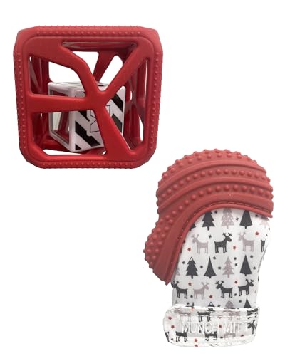 Image of Malarkey Kids Holiday Gift Pack: Munch Mitt and Chew Cube Duo - Perfect Teething Treats for Babies and Toddlers - Red