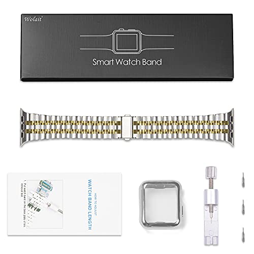 Wolait Compatible with Apple Watch Band 44mm with Case,Upgraded Stainless Steel Metal Business Band with Screen Protector for iWatch Series 6/SE Series 5/4/3/2/1，Silver/Gold Band + Silver Case - Thumbnail 7