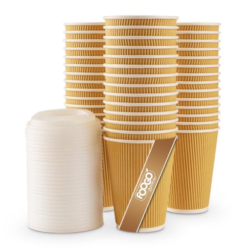 FOOGO Green 25pcs 12oz Disposable Strong Triple-Wall Brown Paper Coffee Cups with Secure Lids, FSC® Certified, Fully Compostable, for Hot Drinks, Takeaway and Parties