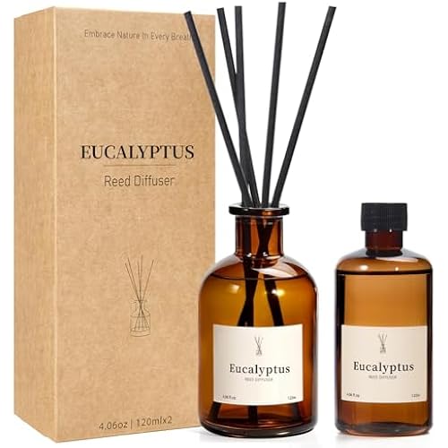 Reed Diffuser Set, 8.12 fl.oz Eucalyptus Scented Diffuser with Sticks, Up to 120 Days, Home Fragrance Reed Diffuser for Bathroom Shelf Decor & Room Freshener, 2 Pack
