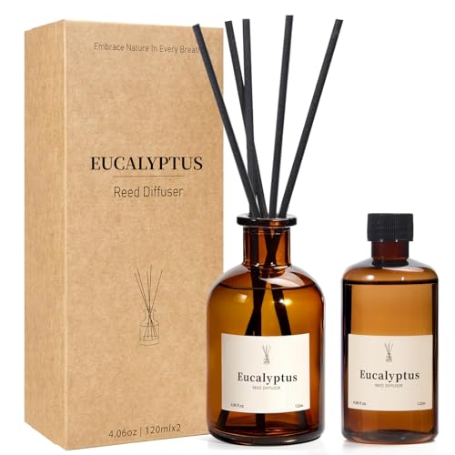Reed Diffuser Set 8.12 fl.oz Eucalyptus Scented Diffuser with Sticks Up to 120 Days Home Fragrance Reed Diffuser for Bathroom Shelf Decor & Room Freshener 2 Pack