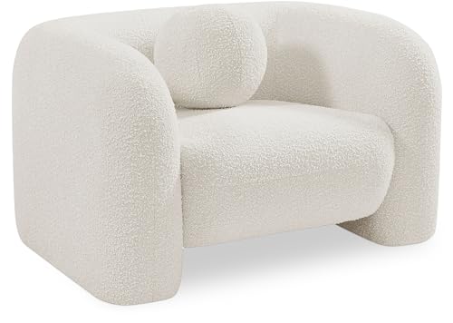 Meridian Furniture 139Cream-C Emory Collection Art Deco Boucle Fabric Upholstered Chair with Rich Cream Boucle Fabric, Ball Pillow Included, 44" W x 34" D x 27" H, Cream