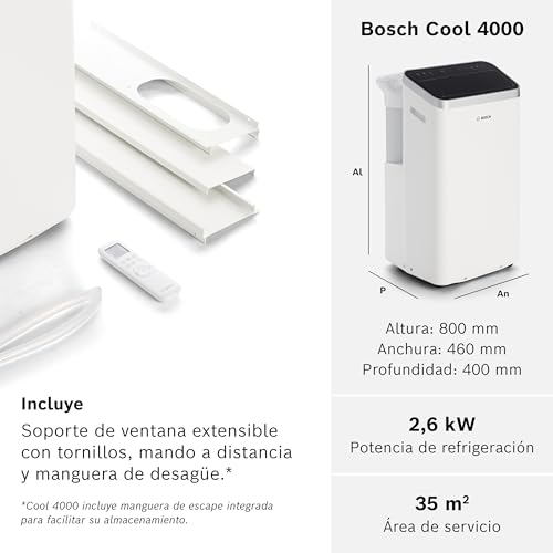 Bosch Cool 4000 AC Portátil - 3 en 1: Aire Acondicionado, Deshumidificador, Ventilador - 2,6 kW, Habitaciones de hasta 35m² - Con Modo Automático, Silencioso y Sleep - imagen 8