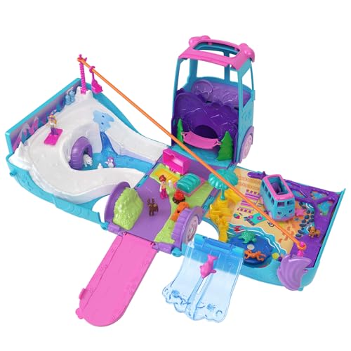 Polly Pocket Podróżny Van Mega przygoda Zestaw – Pojazd zabawka kamper z transformacją, 2 mikrolalki, akcesoria, figurki