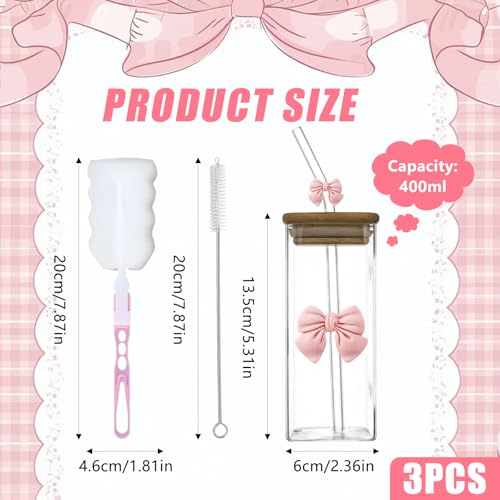 400ml Square Cup with Straw and Lid - Leak-Proof Iced Coffee Tumbler Set with Cup Brush and Straw Brush - Cute Smoothie Cup with Wooden Lid - Image 2