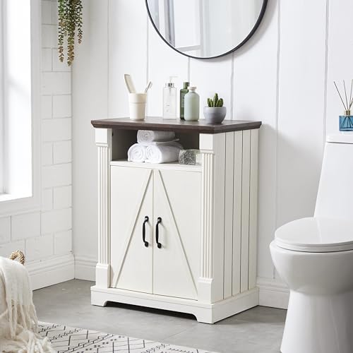Image of BuildHom 24" Farmhouse Storage Cabinet – Antique White Freestanding Buffet Sideboard with Barn Doors, Adjustable Shelf, Small Coffee Bar for Kitchen, Bathroom & Living Room