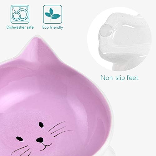 Navaris Cat Bowls with Ears - 2 Pack of Ceramic Cat Feeding Dishes with Anti Slip Silicone Feet - Purple Cat Shaped Food and Water Bowls Set