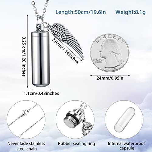 Kigeli 10 Pcs Urn Necklace for Ashes Cremation Jewelry for Human Ashes Bulk for Loved One Women Men with Wing Stainless Steel Cremation Keepsake Memorial Necklace Angel Cylinder Pendant Set2