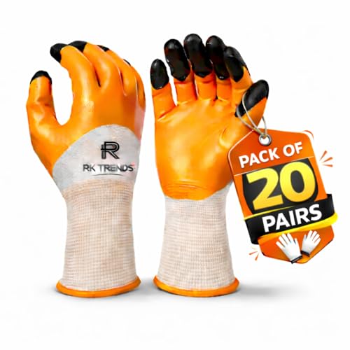 Image of Ripstop Work Gloves with Reinforced Fingertips, Heavy Duty (Pack of 20 Pairs, Orange (Double Coated))