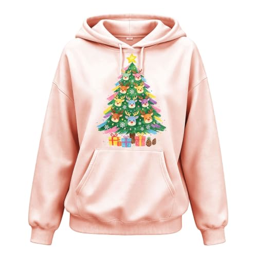 Xmiral Women Christmas Reindeer Tree Hoodie Casual Fleece Pullover Beige